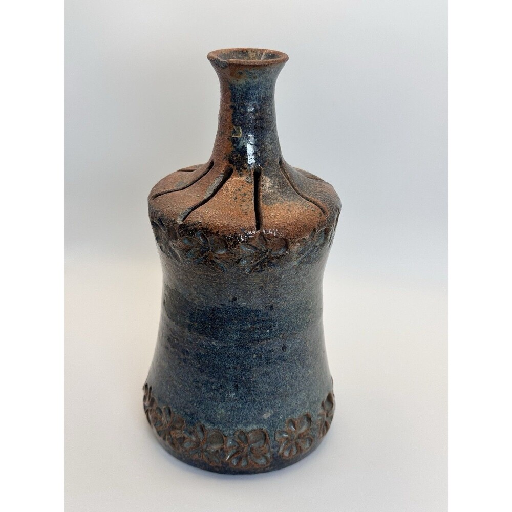 Vintage 1977 Signed Studio Art Pottery Vase Hand Crafted Flower Frog Style 9”